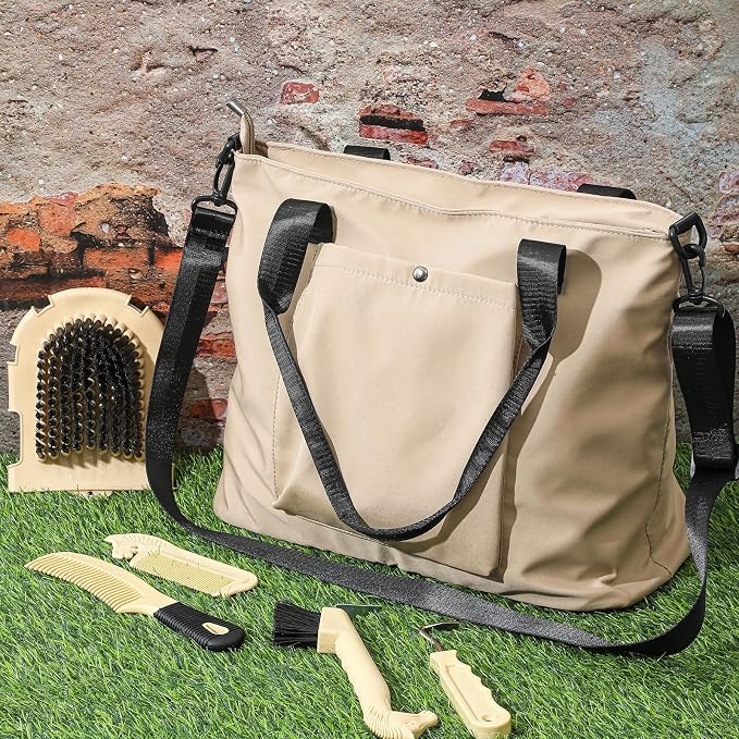 Abbylike 15 Pieces Horse Grooming Kit with Organizer Tote Bag Tack Room Supplies Horse Brush Sets Care Equine Cleaning Kit Shedding Grooming Massaging Tools (Beige)