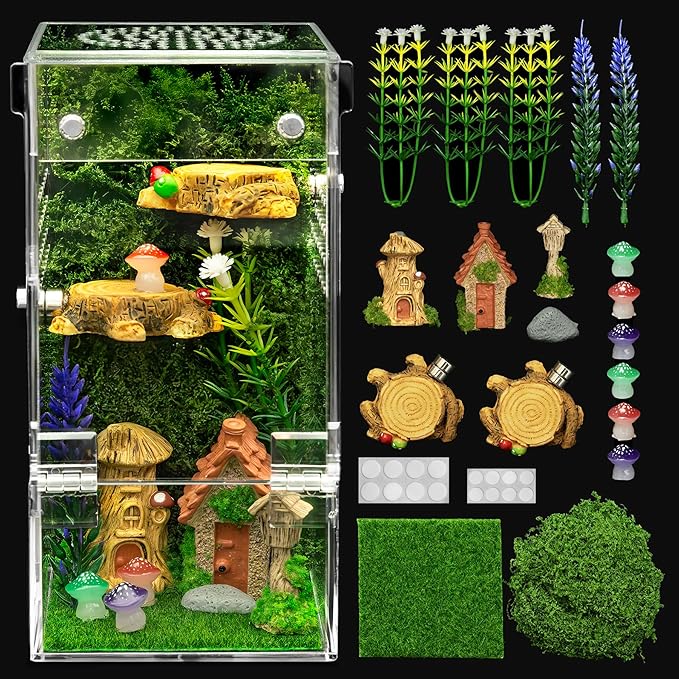 Jumping Spider Enclosure Kit,Escape Proof Reptile Tank,Praying Mantis Terrariums,Transparent Acrylic Complete Bug Habitat,Arboreal Tarantula Cribs Cage,Insect Starter Container,Critter Keeper
