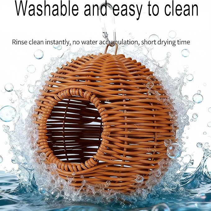 Washable & Breathable Plastic Rattan Bird Nest - Round Hanging Parrot Hammock Hut, Easy-Clean Cool Hideout for Sleeping, Egg Laying & Resting, Budgie, Lovebird, Cockatiel & Canary