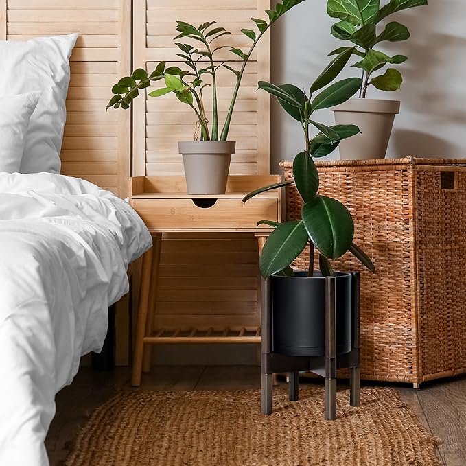 D'vine Dev Plastic Pot with Walnut Wood Stand, Black, 8 in, 55-C-I-2 | Mid-Century Inspired Design, Elevated Plant Display, Clean Lines, Sturdy Support, Modern Space-Saving Style