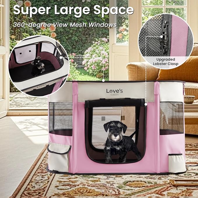 Love's cabin Pet Puppy Dog Playpen, Large Dog Tent Crates Cage Indoor/Outdoor, Portable Exercise Playpen for Cat, Foldable Pop Up Dog Kennel Playpen with Carring Case (L, Light Pink)
