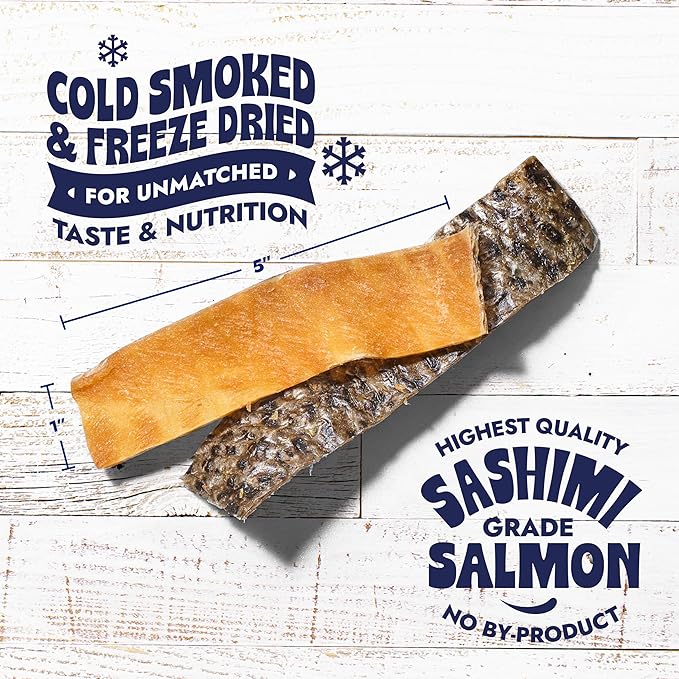 Finfare Freeze Dried Salmon Skin Treats for Dogs, Protein & Omega-3s, Grain Free Salmon Dog Training Treats, Crafted in USA, Strips - 2oz