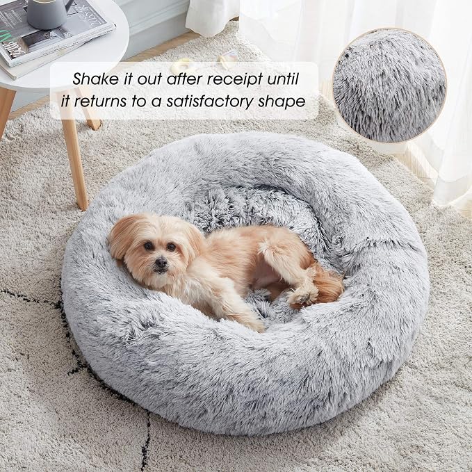Calming Dog Bed & Cat Bed Washable Puppy Bed,24" Light Grey | Fluffy Faux Fur Round Cuddler,Anti-Anxiety,Anti-Slip Bottom,Self-Warming Pet Beds for Puppy&Small Dog&Large Cat,Up to 25 LBS