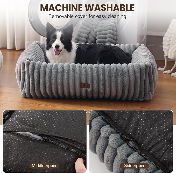 Dog Beds Large Sized Dog,Rectangle Orthopedic Pet Bed for Large Dog, Comfort Fluffy Memory Foam Dog Beds with Anti-Slip Bottom,Grey(35x25x9inchs)