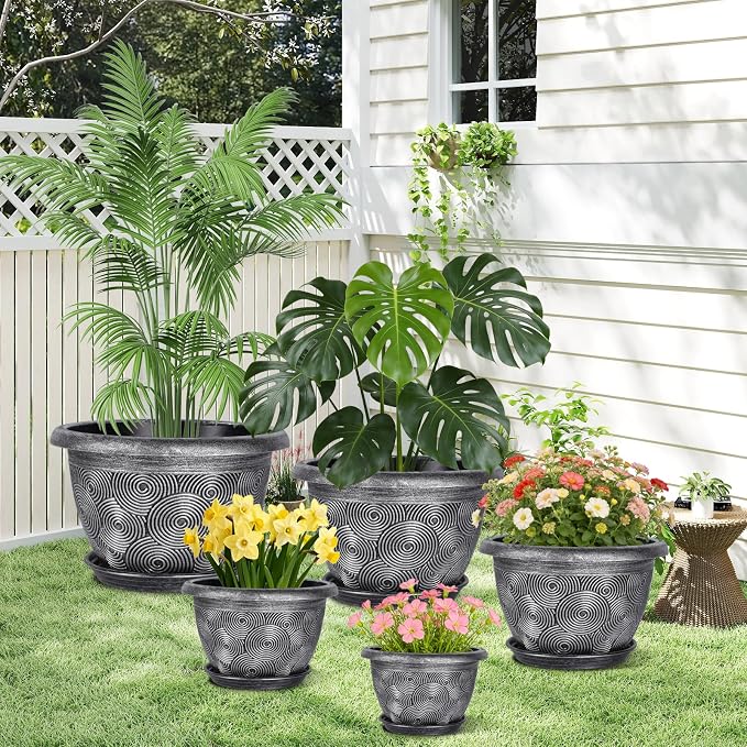 6-Inch-Plastic -Pots-for -Plant with Saucer, 6 Pack Outdoor Planters with Drainage Holes, Decorative Small Flower Pots for Indoor Plants, Modern 3D Swirl Silver Plant Pots with with Removable Tray