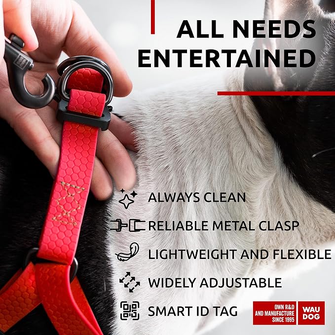 WAUDOG Waterproof Adjustable Dog Harness - Large, Medium, Small - Heavy Duty with Metal Clasp & QR Tag - Red (20-32in)