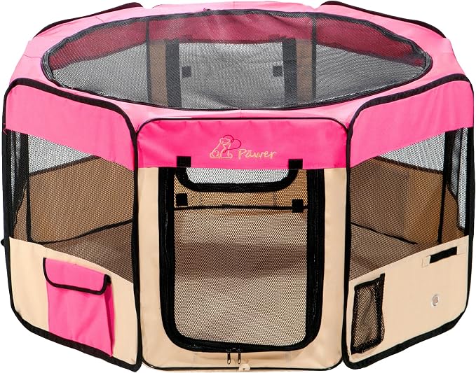 Pawer 36”×18.5” 8-Panel Foldable Pet Playpen, for Small Medium Cat/Dog/Puppy, Hot Pink+Beige, 600D Oxford Cloth Portable Indoor & Outdoor Kennel with Carry Bag, Multiple Sizes & Colors Available