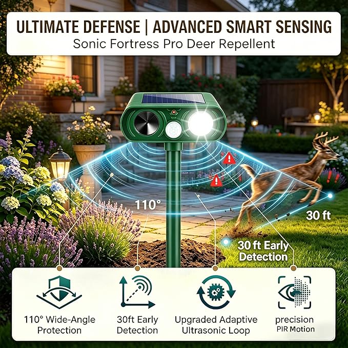 2Pack Upgraded Sonic Fortress Pro Deer Repellent Solar Animal Repellent Ultrasonic Outdoor with Motion Sensor Strobe Light for Squirrel Raccoon Rabbit Cat Skunk Deterrent Keep Pests Out of Yard Farm