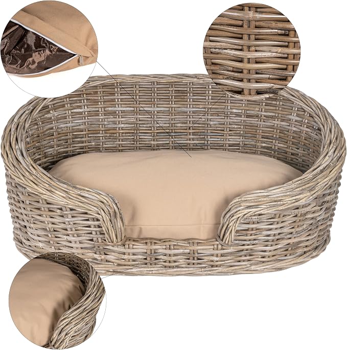 DBD1001A Curvy 33" x 21.25" Classic Handwoven Rattan Dog Bed with Machine-Washable Cushion, Kubu Gray