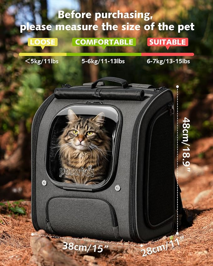 Pecute Cat Backpack Carrier,Large Space Cat Bubble Backpack,Ergonomic,Gray | XXL,Sunshade Curtain,Transparent Window,Safety Rope,Sturdy,Large Mesh on Both Side for Breathability,Suitable for Outdoor,Vet