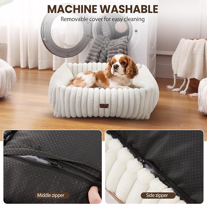 Washable Dog Bed for Small Medium Dogs, Rectangle Orthopedic Pet Bed with Removable Cover, Fluffy Memory Foam Dog Beds with Anti-Slip Bottom, Cream(25x21x7inchs)