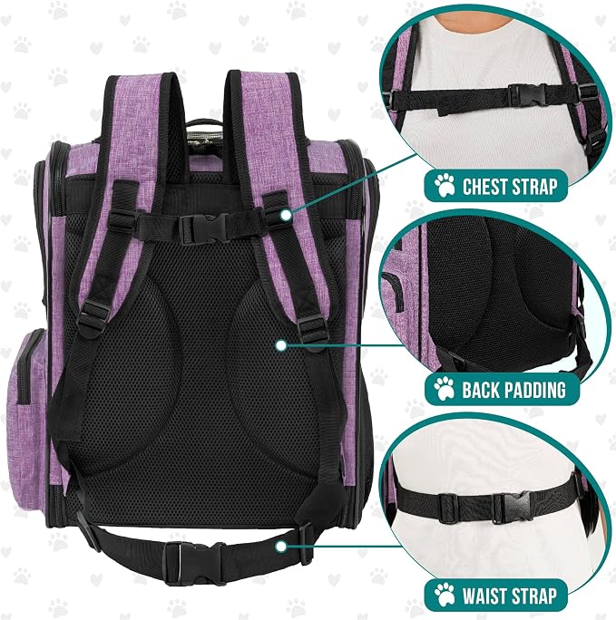 PetAmi Dog Backpack Carrier, 4-Way Entry Ventilated, 18 lbs, Purple | Sherpa Bed Included, Foldable Load-In Top, Safety Reflective Strap, Breathable Mesh, Poop Bag Dispenser, Padded Back Support
