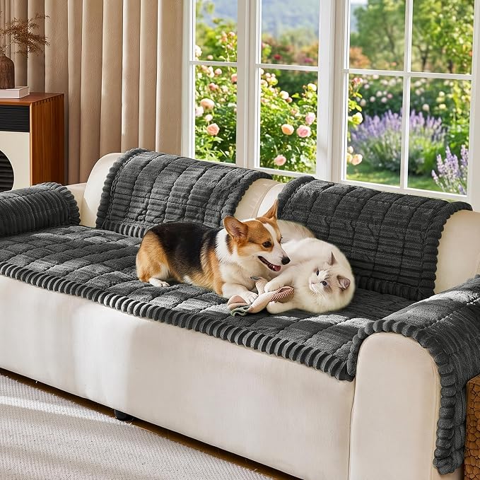 FUANGUI Waterproof Couch Cover Sofa Cover for Dogs and Pets Sofa Protector | Non-Slip Washable Fuzzy Soft Cat Bed Sofa Slipcover for 2-3 Cushion Couch Sofa Pet Friendly, Dark Grey, 27.6" x 70.9", 1 pcs