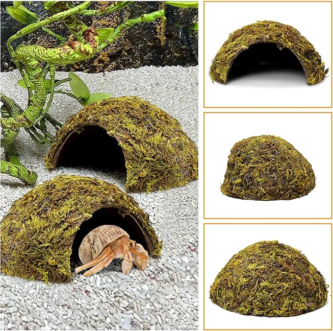 PINVNBY 2 Pack Natural Green Moss Hide Caves Coconut Reptile Hideouts Hamster Climbing Toys Gecko Habitat Decor Lizard Shell Shelter for Snake Tarantulas Turtle Chameleon