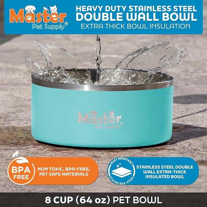 Master Pet Supply Stainless Steel Dog Bowls - 64 oz, Heavy Duty - Aqua Sky, Double Wall Extra-Thick Insulated, Non-Slip Pet Water Bowl for Dogs, Cats & Pets, Anti Rust Metal, Dish Washer Safe
