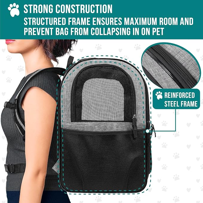 PetAmi Dog Backpack Carrier for Cats, 4-Way Entry Ventilated, 18 lbs, Gray | Sherpa Bed Included, Foldable Load-In Top, Safety Reflective Strap, Breathable Mesh, Poop Bag Dispenser, Padded Back Support