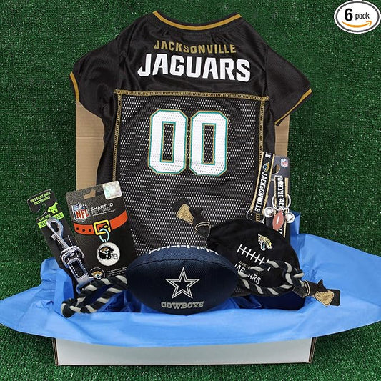 NFL Jacksonville Jaguars PET GIFT BOX with 2 Licensed DOG TOYS, 1 Logo-engraved NATURAL DOG TREAT, 1 NFL JERSEY, 1 NFL Puppy Training Bells & 1 Car Seatbelt