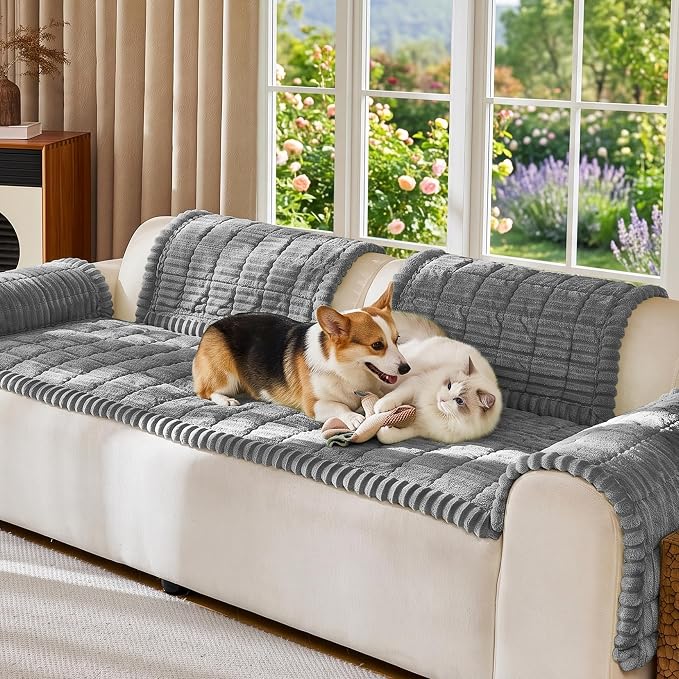 FUANGUI Waterproof Couch Cover Sofa Cover for Dogs and Pets Sofa Protector | Non-Slip Washable Fuzzy Soft Cat Bed Sofa Slipcover for 2-3 Cushion Couch Sofa Pet Friendly, Grey, 27.6" x 94.5", 1 pcs