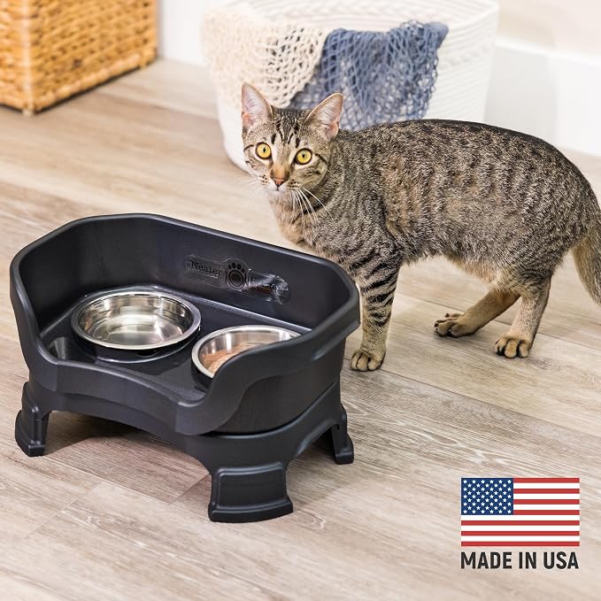 Neater Feeder Deluxe Mess-Proof Elevated Cat Bowls, 2 Height Adjustable (6” & 7.5”) No-Spill Raised Cat Bowl Stand, Whisker Friendly Stainless Steel Dishes for Indoor Cats, Made in USA, Black