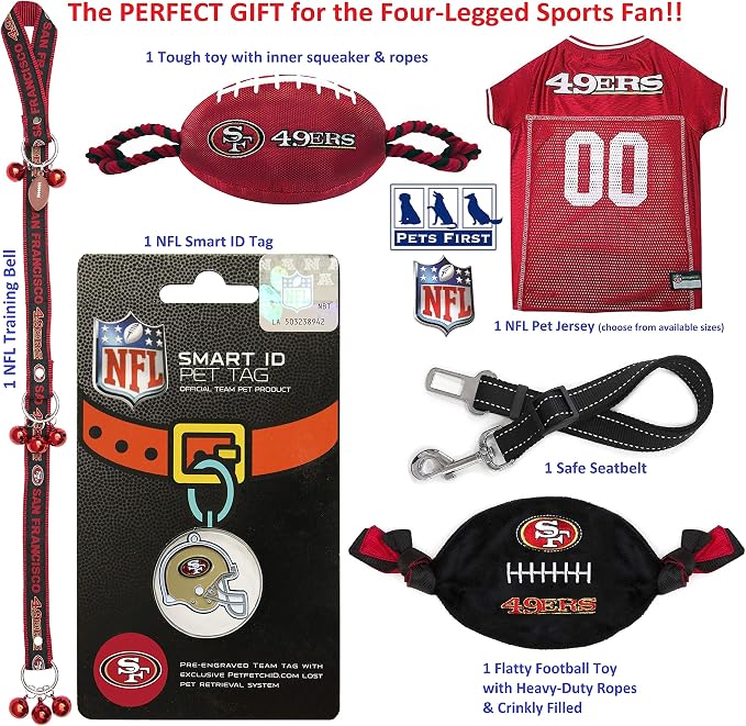 NFL San Francisco 49Ers PET GIFT BOX with 2 Licensed DOG TOYS, 1 Logo-engraved NATURAL DOG TREAT, 1 NFL JERSEY, 1 NFL Puppy Training Bells & 1 Car Seatbelt