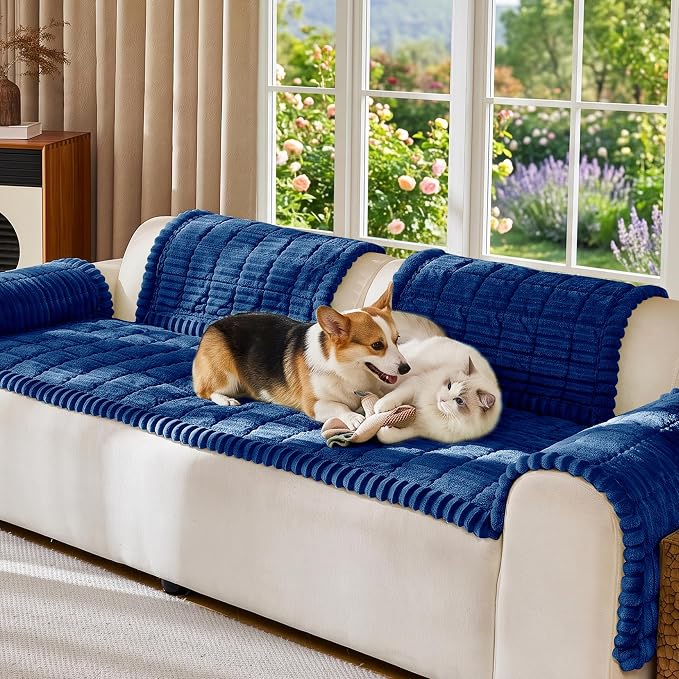 FUANGUI Waterproof Couch Cover Sofa Cover for Dogs and Pets Sofa Protector | Non-Slip Washable Fuzzy Soft Cat Bed Sofa Slipcover for 2-3 Cushion Couch Sofa Pet Friendly, Navy Blue, 27.6" x 70.9", 1 pcs