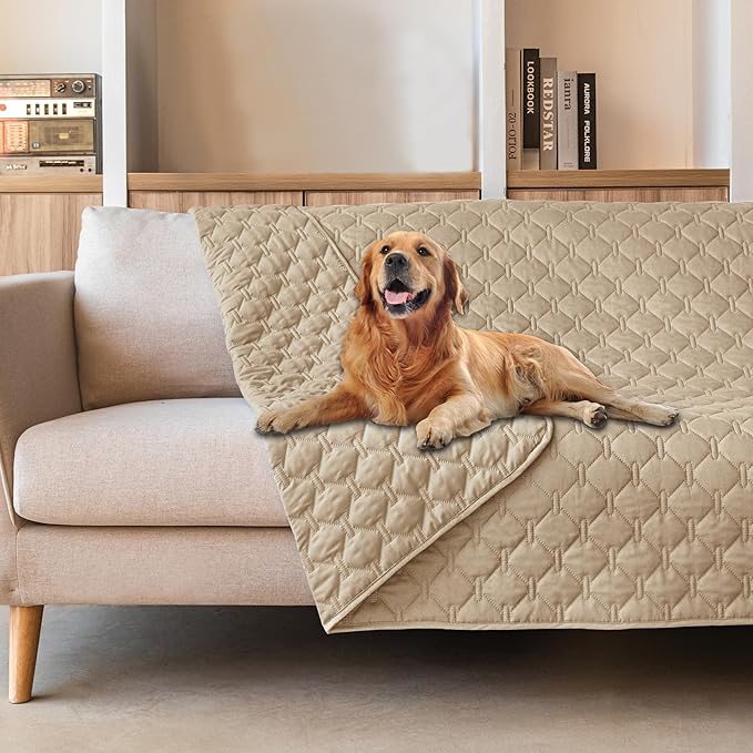 gogobunny Waterproof Dog Blankets for Large Dogs, Pet Bed Cover Breathable | Washable Pee Pads, Quilted Throw Blanket, Furniture Protector for Couch Sofa Bed Car, 82x82 Inch Dark Beige