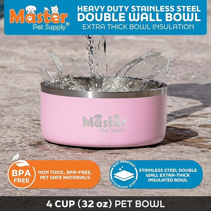 Master Pet Supply Stainless Steel Dog Bowls - 32 oz, Heavy Duty - Rose Quartz, Double Wall Extra-Thick Insulated, Non-Slip Pet Water Bowl for Dogs, Cats & Pets, Anti Rust Metal, Dish Washer Safe