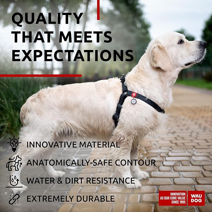 WAUDOG Waterproof Harness - Adjustable for Large, Small and Medium Dogs - Heavy Duty with Durable Metal Clasp and QR Tag - Boy & Girl - Black (24-35in)
