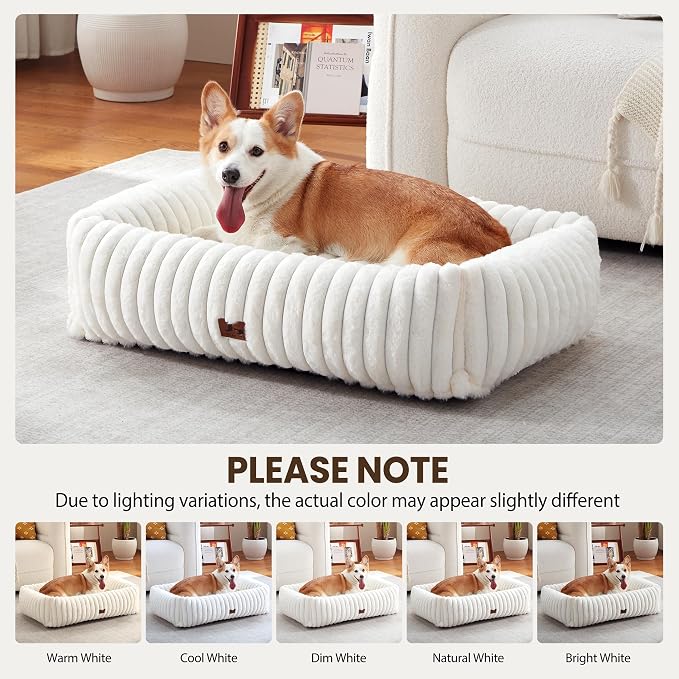 Dog Bed Medium Size Dog, Rectangle Orthopedic Pet Bed for Car and Indoor, Comfort Fluffy Memory Foam Dog Beds with Anti-Slip Bottom, Cream(30x24x8inchs)