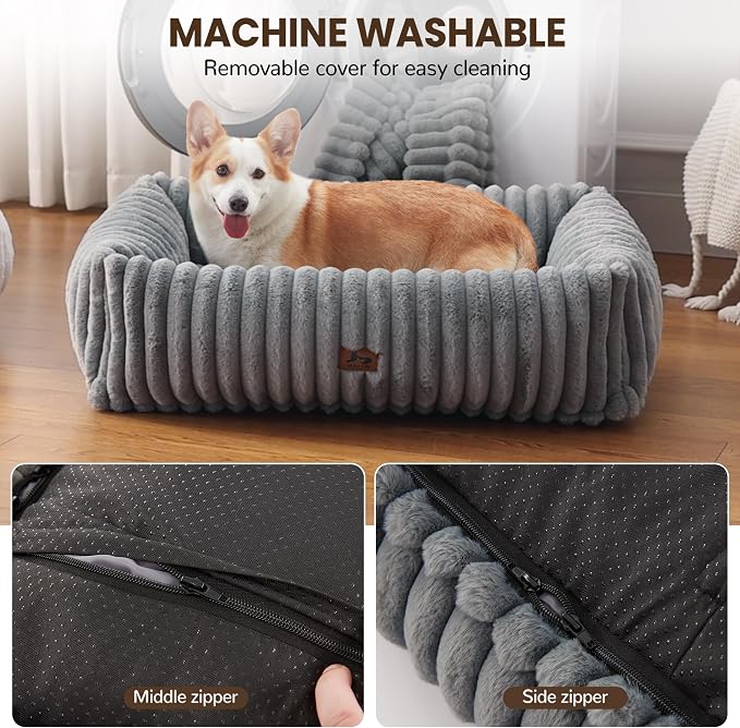 Dog Bed Medium Size Dog, Rectangle Orthopedic Pet Bed for Car and Indoor, Comfort Fluffy Memory Foam Dog Beds with Anti-Slip Bottom,Grey(30x24x8inchs)