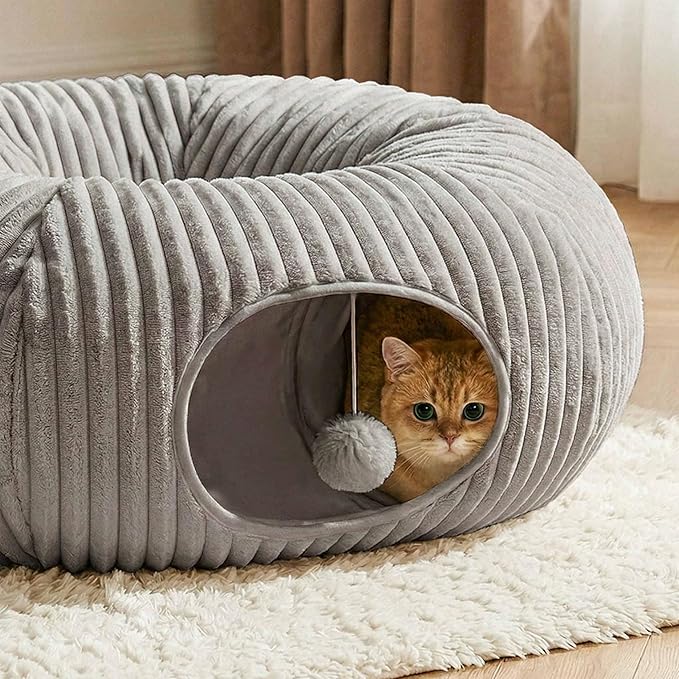 Cat Tunnel Bed for Indoor Cats, Peekaboo Cat Cave Bed,Soft Cat Donut Tunnel for Kitten Large Cats, Grey