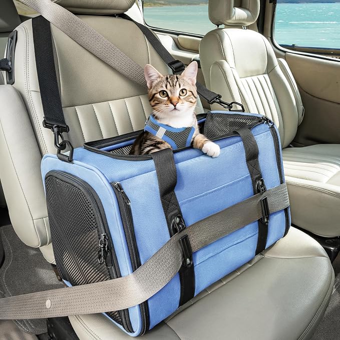 PETSFIT Cat Carrier Soft with Patented Safety Buckles, Safe for Car Travel | Lockable Zippers, Safety Tether, Escape-Resistant Pet Carrier for Vet Visits, Airline Approved Under-Seat, Up to 12 lbs