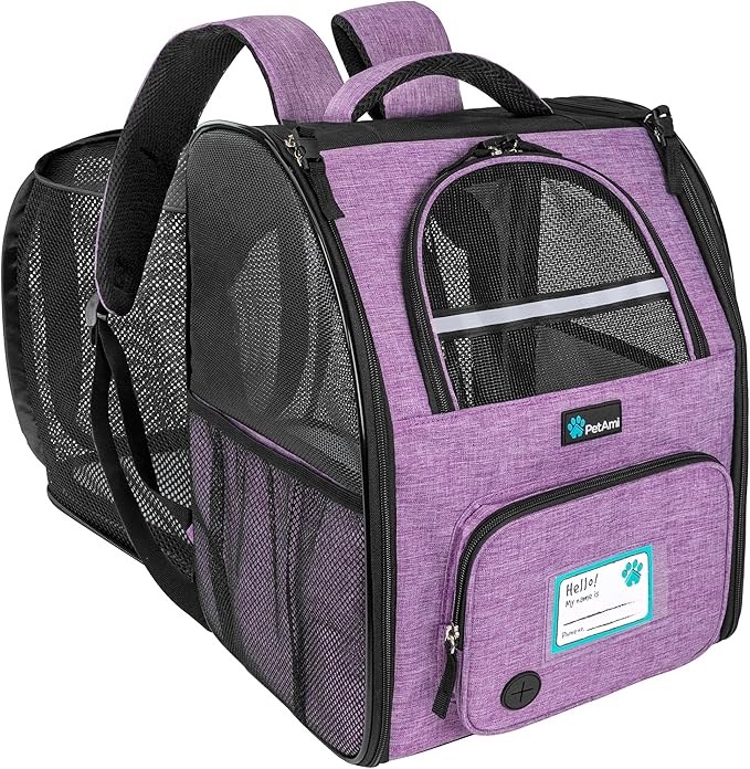 PetAmi Expandable Dog Backpack Carrier for Cats & Pets, Breathable Cat Carrier Backpack with Top Window & Multi-Entry, Ventilated Foldable Travel Carrier for Small Medium Pets up to 18 lbs, Purple