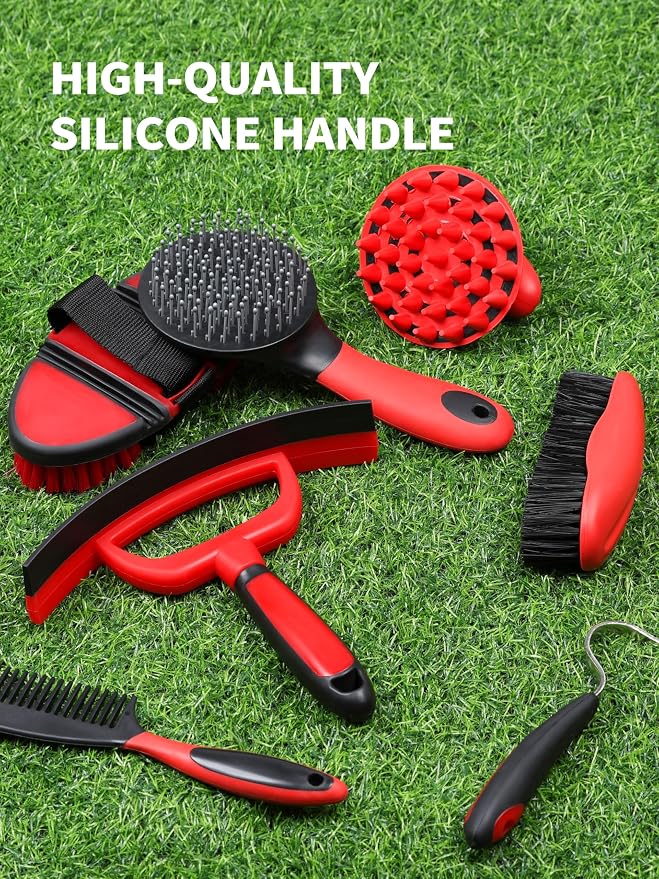 Harrison Howard Horse Grooming Kit 9 Piece with Tote Bag, Non-Slip Horse Brush Set for Shedding, Bathing, Hoof Care, Mane & Tail Grooming, Equine Grooming Supplies Red