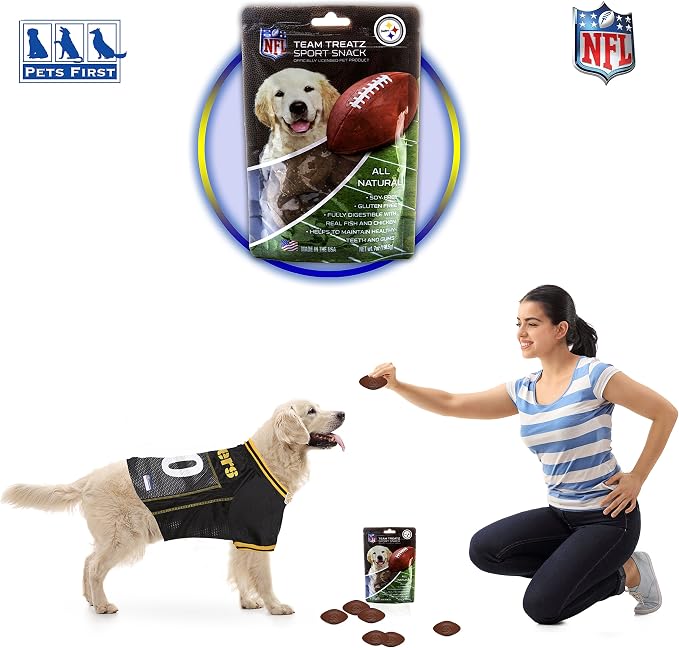 NFL Pittsburgh Steelers PET GIFT BOX with 2 Licensed DOG TOYS, 1 Logo-engraved NATURAL DOG TREAT, 1 NFL JERSEY, 1 NFL Puppy Training Bells & 1 Car Seatbelt
