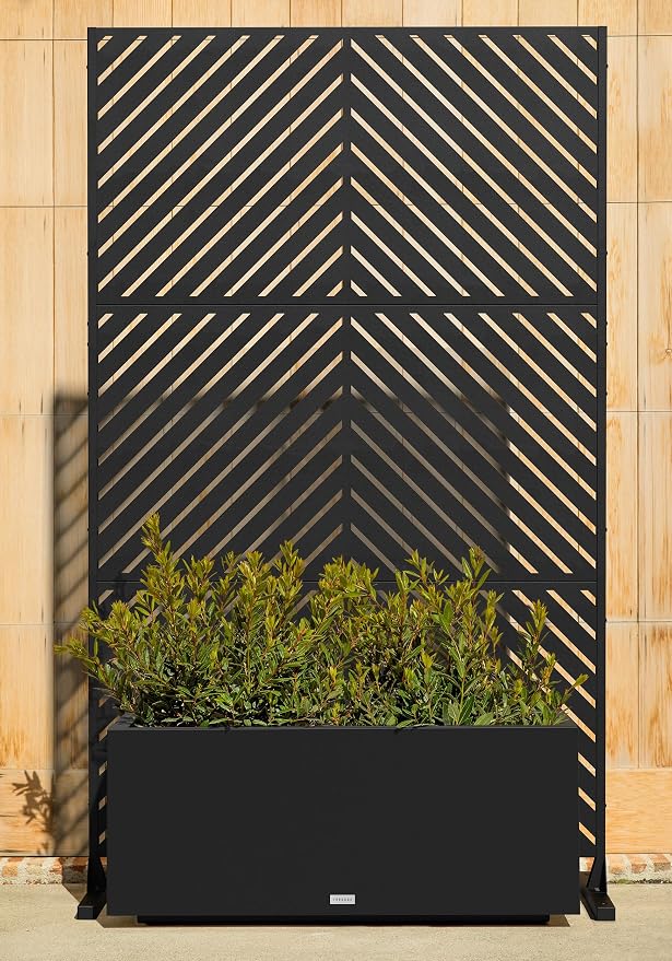 Veradek Block Series Long Box Planter + Arrow Privacy Screen Set, Black – Large Rectangular Outdoor Planter with Drainage & Modern Privacy Divider Panel for Patio, Deck, Balcony or Garden