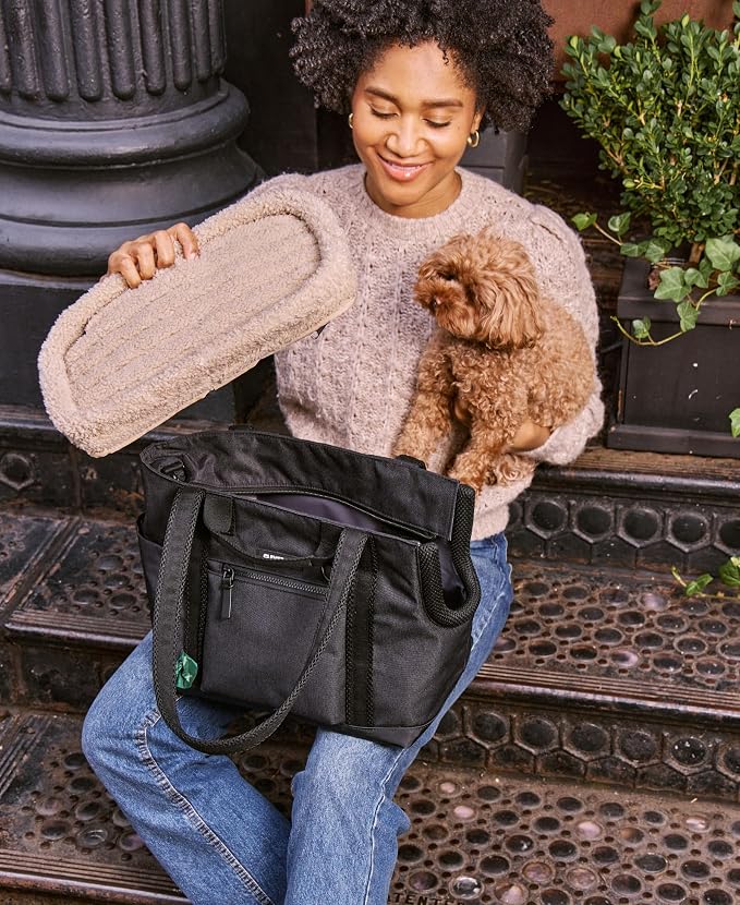 Transit Tote Dog Carrier for Small Dogs Under 8 lbs, 16x11x8 Soft-Sided 4-Pc Set with Waterproof Base, Plush Insert, Food Pouch, Mesh Head Opening - Small Graphite