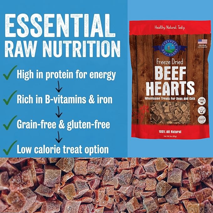 Shepherd Boy Farms Freeze Dried Dog and Cat Treats, Beef Heart, All Natural Single Ingredient Freeze-Dried Dog Treat & Snacks, Made in USA, High Protein, Essential Nutrition of Raw Food, 3oz