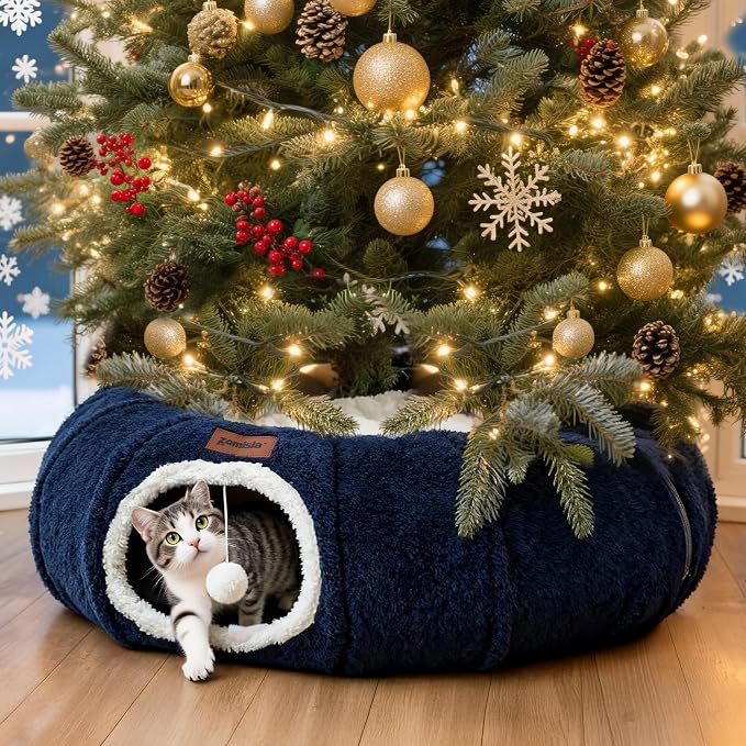 ZOMISIA Cat Tunnel Bed for Indoor Cats, Cute Cat Donut Toy Tunnel for Small Large Cats with Washable Circle Cushion, Peekaboo Pet Cave Play Tunnel for Kitten, Puppy, Navy Blue