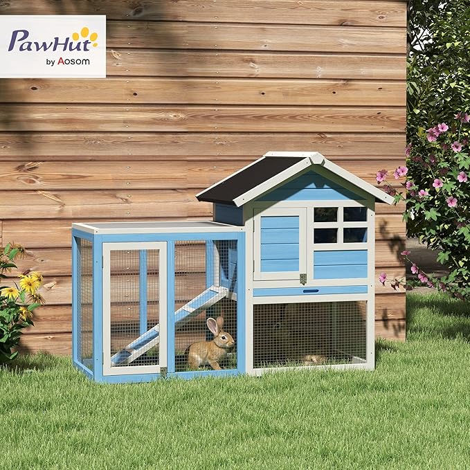 PawHut 49" Wooden Rabbit Hutch Bunny Cage with Waterproof Asphalt Roof, Fun Outdoor Run, Removable Tray and Ramp, for Rabbits, Chickens, Ducks, Light Blue