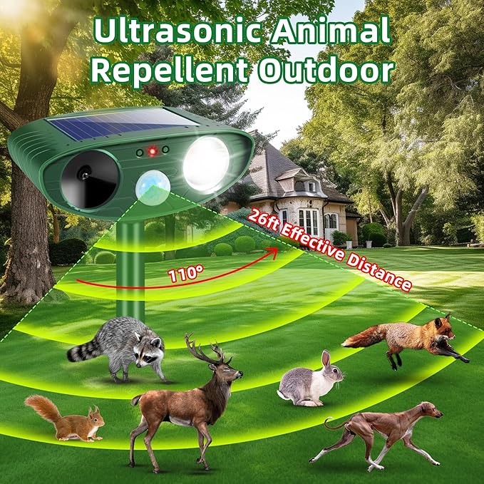 4 Pack Solar Ultrasonic Animal Repellent Animal Deterrent Devices Outdoor IP65 Waterpfoof with Motion Sensor & Strobe Light- Keep Deer,Cats,Squirrels,Dogs,Raccoons,Rabbits,Skunks Away from Garden Yard