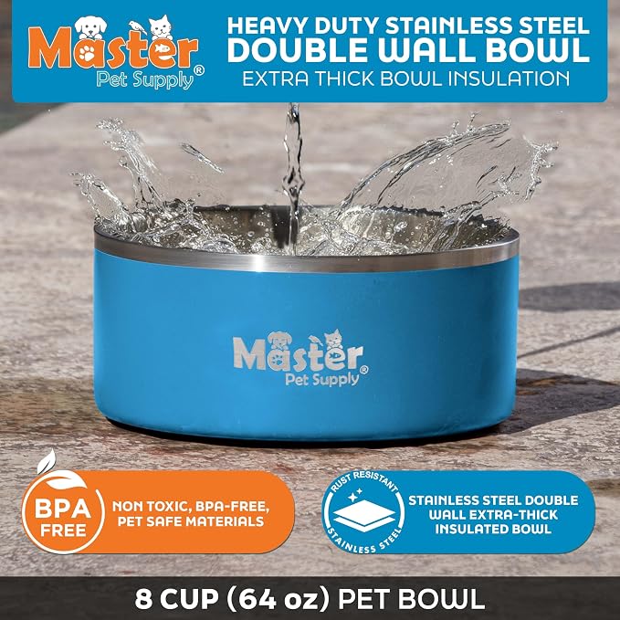 Master Pet Supply Stainless Steel Dog Bowls - 64 oz, Heavy Duty - True Blue, Double Wall Extra-Thick Insulated, Non-Slip Pet Water Bowl for Dogs, Cats & Pets, Anti Rust Metal, Dish Washer Safe