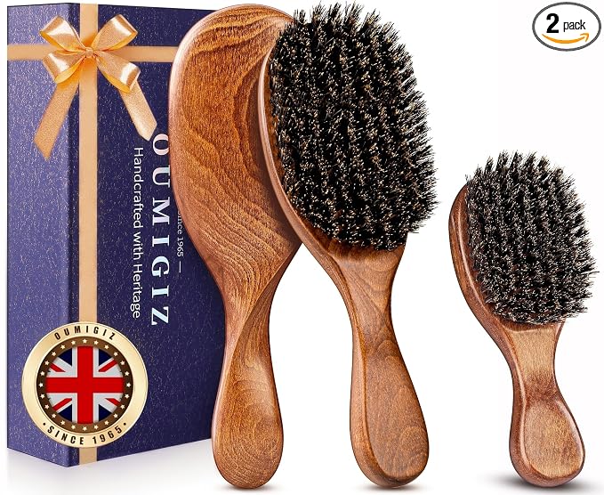 Boar Bristle Hair Brush Set, Large and Mini, Since 1965 British Craftsmanship Handmade Natural Wooden, Pure Soft Bristles, Gentle Detangling for Women Men Kids, Thin Fine Hair, Smooth & Shine