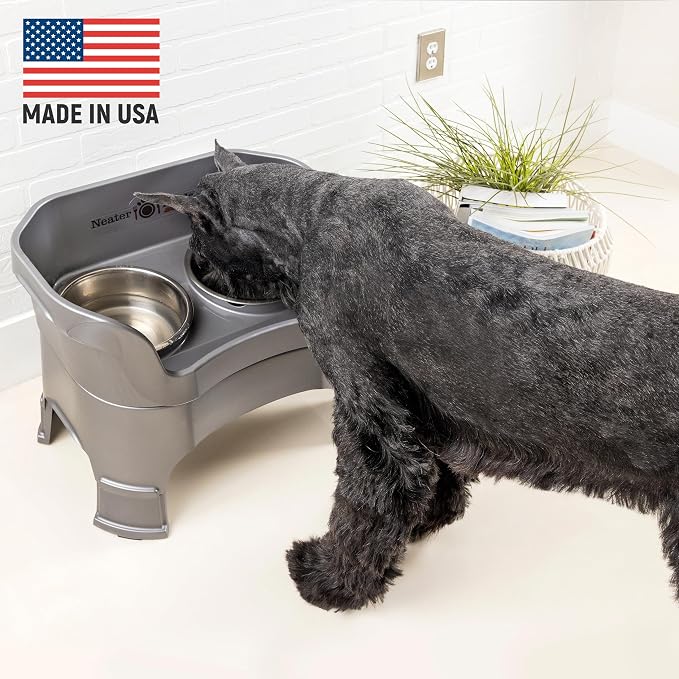 Neater Feeder Deluxe Mess-Proof Elevated Dog Bowls for Large Dogs (40+ lbs), 2 Height Adjustable (14.5” & 17.5”) No-Spill Raised Dog Bowl Stand, Stainless Steel Food Bowl Set, Made in USA, Gunmetal