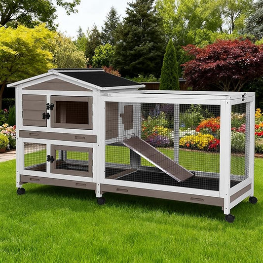 Large Rabbit Hutch Indoor, Bunny Cage Outdoor with Chew-Proof Ramp, 2-Story Guinea Pig Cages with 6 Wheels, 3 Pull-Out Trays, Waterproof Asphalt Roof, 62" L - Brown