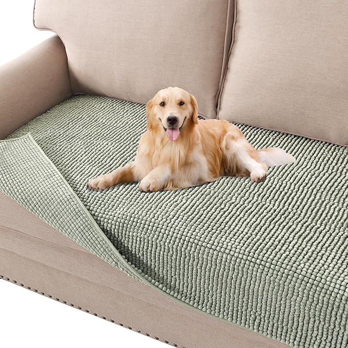 H.VERSAILTEX Plush Chenille Dog Bed Cover Thick Soft Loveseat Cover for 2 Cushion Couch Anti Slip Couch Cover Furniture Protector for Dog, Pet, Cat (35" x 62", Sea Foam)