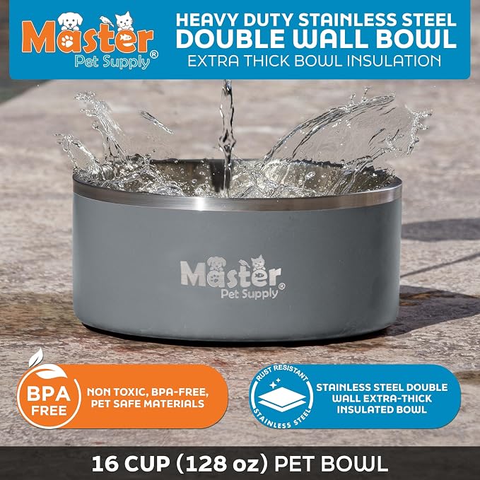 Master Pet Supply Stainless Steel Dog Bowls - 128 oz, Heavy Duty - Graphite, Double Wall Extra-Thick Insulated, Non-Slip Pet Water Bowl for Dogs, Cats & Pets, Anti Rust Metal, Dish Washer Safe