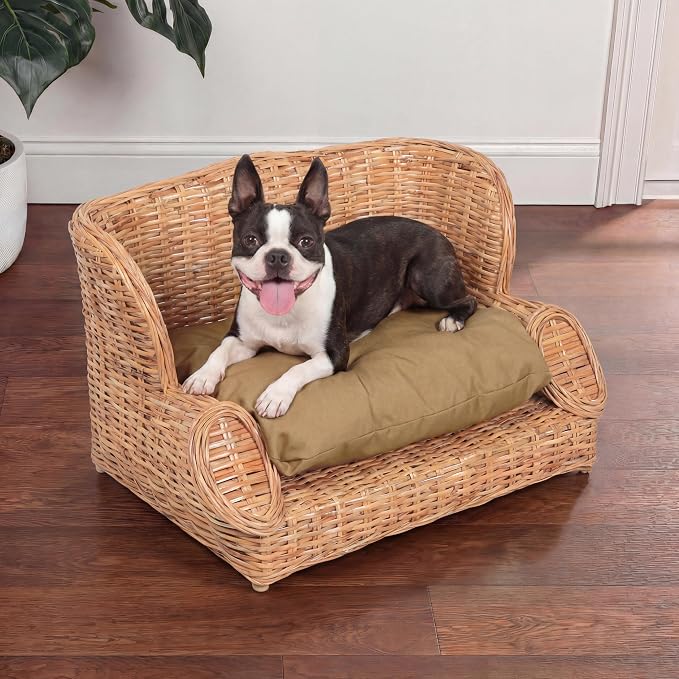DBD1004B Handwoven Water Hyacinth Pet Daybed with Machine-Washable Cushion, 27.5" x 18" Wicker Sofa for Small to Medium Dogs and Cats, Vintage Style Elevated Pet Bed, Light Brown