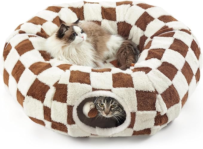 Lesure Donut Cute Jacquard Cat Tunnel Bed Kitten Toys for Puppy Bunny | 33.5x33.5x10in,Round Cat Bed Tube for Indoor Cats Rabbit Dog,Pet Peekaboo Cave Toy,Spiral Hideaway,Washable Cushion,Brown