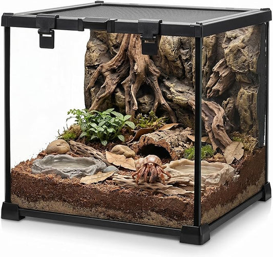 12"x12"x12" Reptile Terrarium, Escape-Proof Glass Full-View Vivarium for Tropical Invertebrates Such as Hermit Crabs, with Escape-Proof Lock & Feeding Hatch